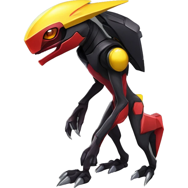 a shiny black-red-yellow Genesect-Raptor-Fakémon—hybrid with a futuristic visor-helmet full body emoji