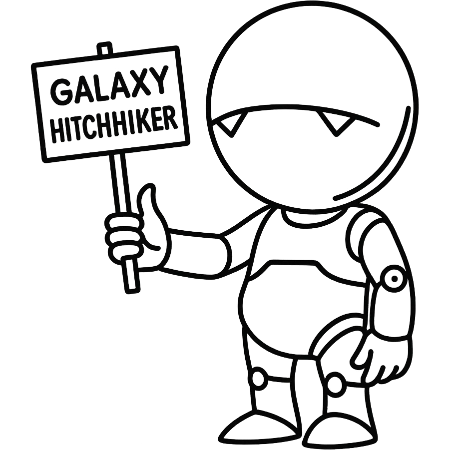 A robot hitchhiking across the galaxy, holding a sign that says 'Galaxy Hitchhiker', minimalist and abstract, line art style emoji