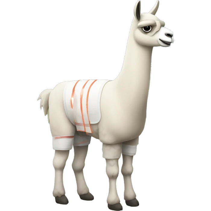 llama standing in a field with a bandage on his leg and a head wound emoji
