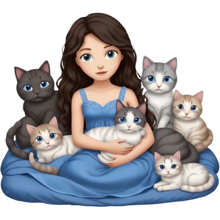 detailed realistic looking a dark grey and white cat regally laying with six other cats, cuddling with their owner in bed who is a pretty bratz lightly tanned white girl with long dark brown hair, blue eyes and gorgeous long wavy hair wearing a pretty detailed dress emoji