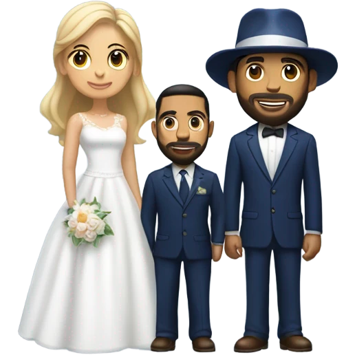 Puerto rican beard short hair with blue hat and navy blue suit getting Married with blond long hair girl with white  wedding dress  emoji