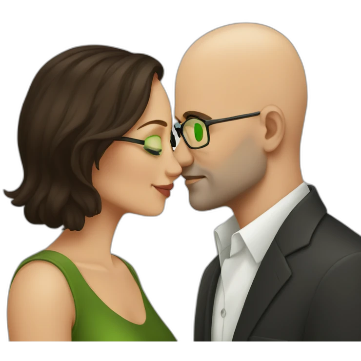 dark brown haired woman without glasses and green eyes kissing bald man with glasses emoji