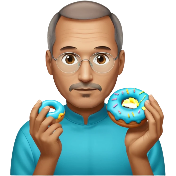 Steve jobs is eating a fully glass colored doughnut. the Doughnut is colored cyan and steve jobs is holding it by his hands, going to eat emoji