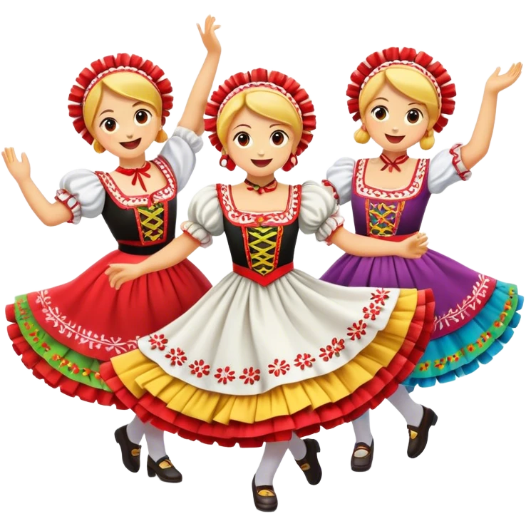 Cinematic Realistic Mazurka Dance Emoji, depicted as a lively traditional Polish folk dance scene with colorful costumes and spirited movement, rendered with dynamic textures and vibrant festive lighting that captures its rhythmic energy. emoji