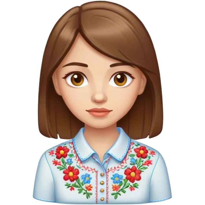 Ukrainian girl with brown hair in an embroidered shirt and a magnet emoji