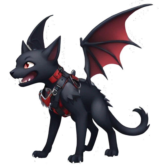 cool edgy black punk red ethereal fantasy nargacuga-bat-cat-Fakemon collar harness full body emoji