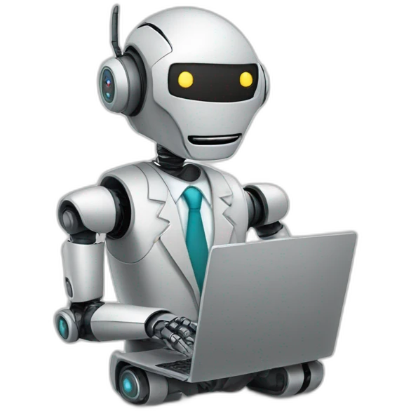 robot in a suit with head tilted using a laptop emoji