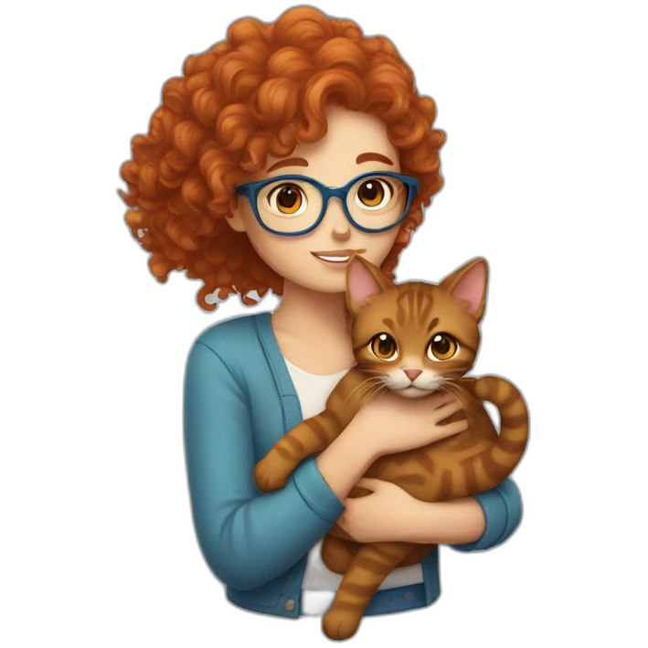 a pretty girl with curly copper hair and blue glasses hugging a cat emoji
