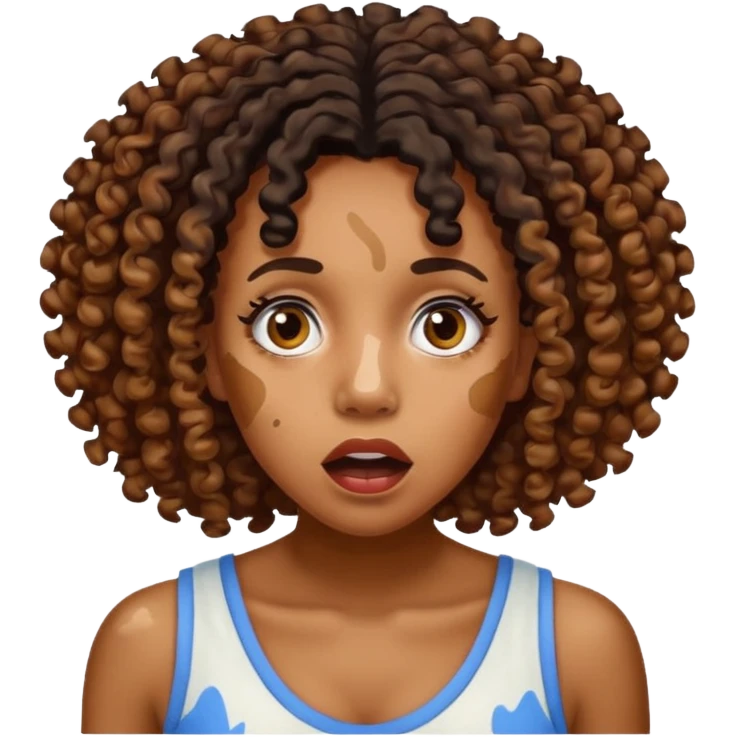 Emoji of a very shocked black female with vitiligo (alot of vitiligo patches) give her more curly hair emoji
