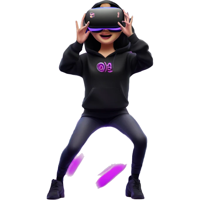 Russian girl wearing black hoody with violet letters "OMG", in vr headset oculus quest2. Dancing. Cyberpunk style. Violet neon. emoji