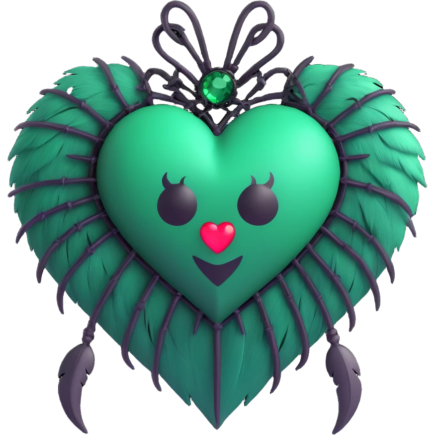 3D emoji gothic heart, emerald green crystal texture, silver spider charm, feather accents, lush and gothic style, misty background emoji