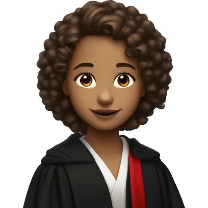 a young girl with curly brown hair, brown eyes, bigger front teeth, shes light skinned and dressed in a black robes with red tie emoji