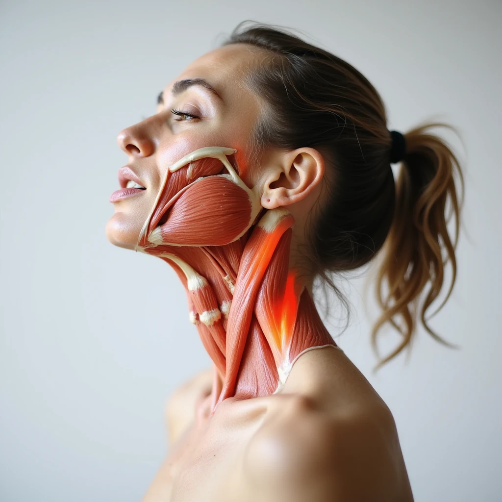realistic anatomical view of a woman showing cervical muscle contractures, tense neck muscles, expression of pain, neutral background emoji