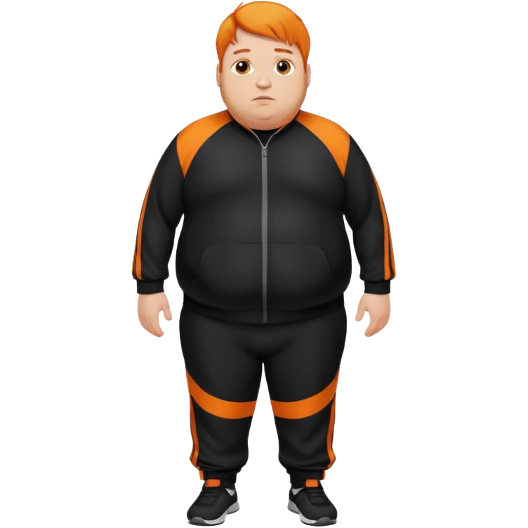 Extremely fat man with orange hair wearing black tracksuit with orange lines emoji