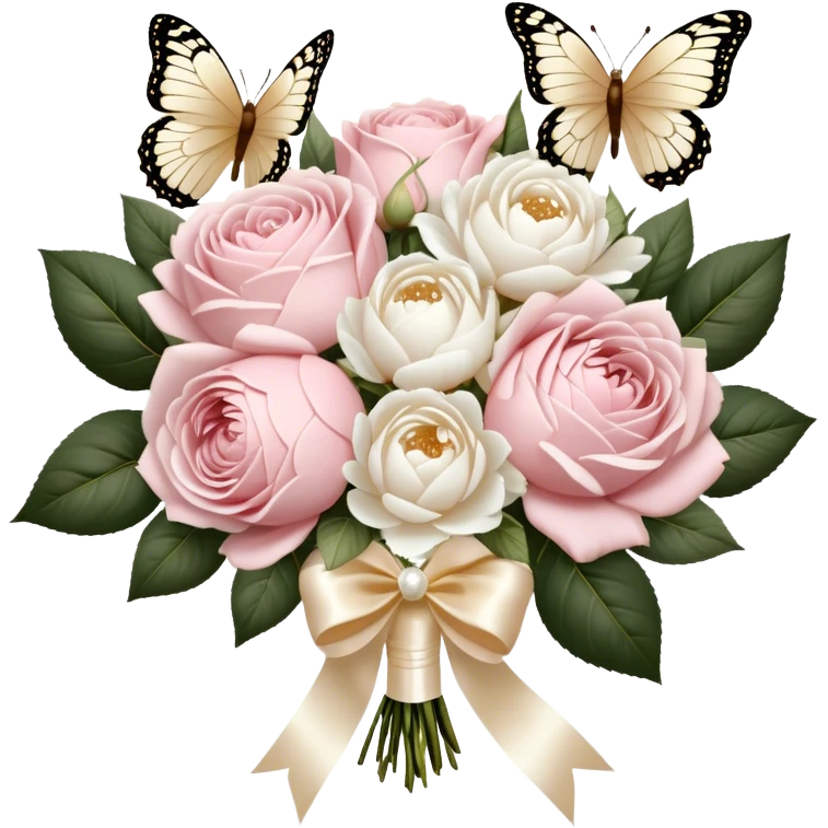 A vintage-inspired wedding bouquet of blush pink roses and fluffy white peonies, tied with an intricate ivory satin ribbon, surrounded by golden filigree accents and soft-focus pearl butterflies fluttering around. emoji