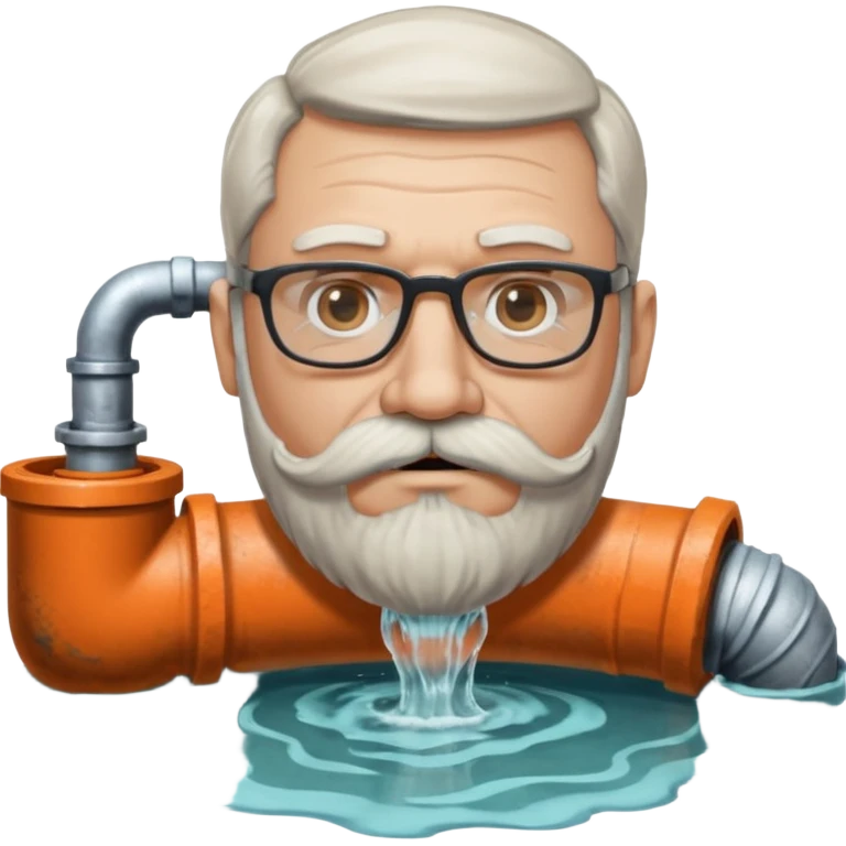 50 year old bearded and moustached white male wearing glasses. His mouth has been cast into a frame made of concrete and out of his mouth is flowing sewer water connected to a drain pipe. He is proud and thinks his right, while being slightly angry because the joke is on him. emoji