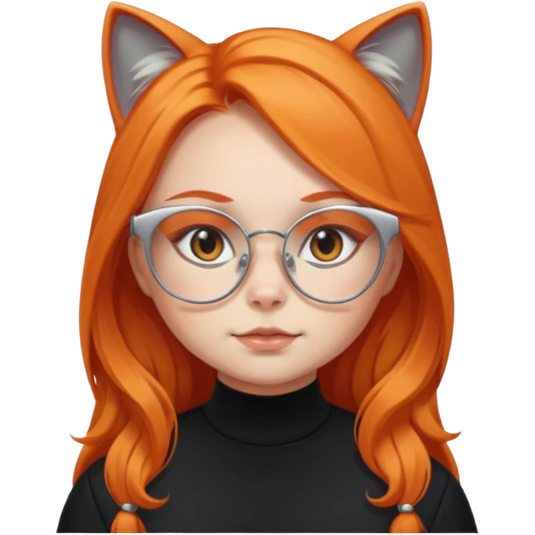 girl with chubby cheeks, very long orange hair, and silver cat eye glasses. Black clothes emoji