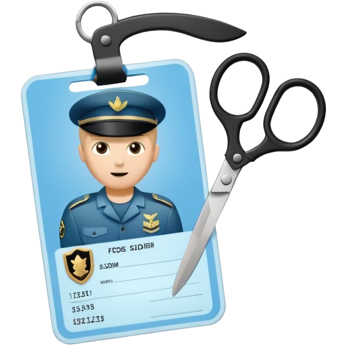 Floating black Scissors cutting in half a light blue idf soldier ID card with golden chip in 2 parts .hyper realistic emoji