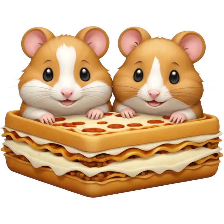 cartoon-style hamster sharing lasagna with other cartoon-style hamsters emoji