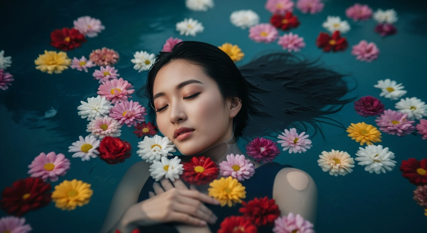 Camera drom top, Motion blur Extreme Closeup photo of a beautifull woman lay around beautifull colorfull flowers in water, cinematic light, 8K, very detailed, sharp, depth (foreground, midground, background) Spotlight, dark environemnt emoji