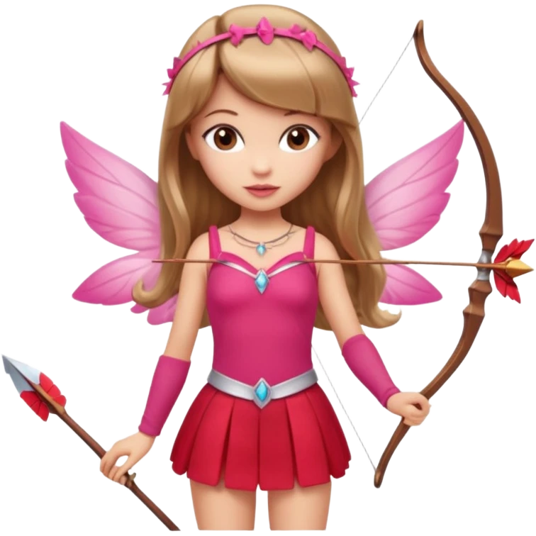 Hada sexy cupido pequeña  de cabello largo lacio castaño claro con flequillo y ojos cafés  vestida de top y falda roja y con arco y flechas cabello lacio labios rosas tipo Barbie pero en hada cupido emoji