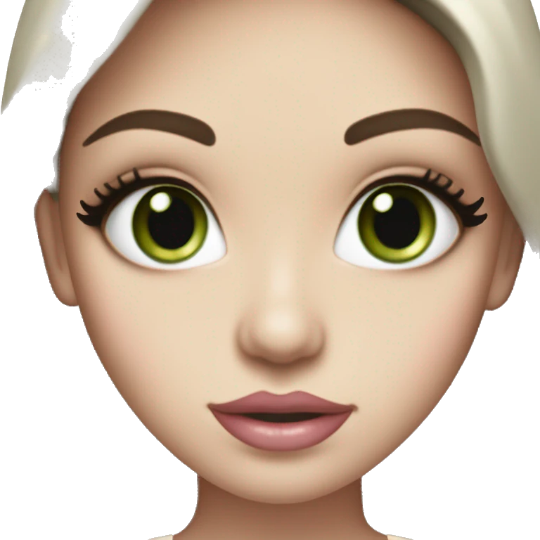 beautiful girl with high cheek bones, long straight shiny dark brown hair, big green eyes and big pale pink lips. Wearing a cream lace bustier emoji