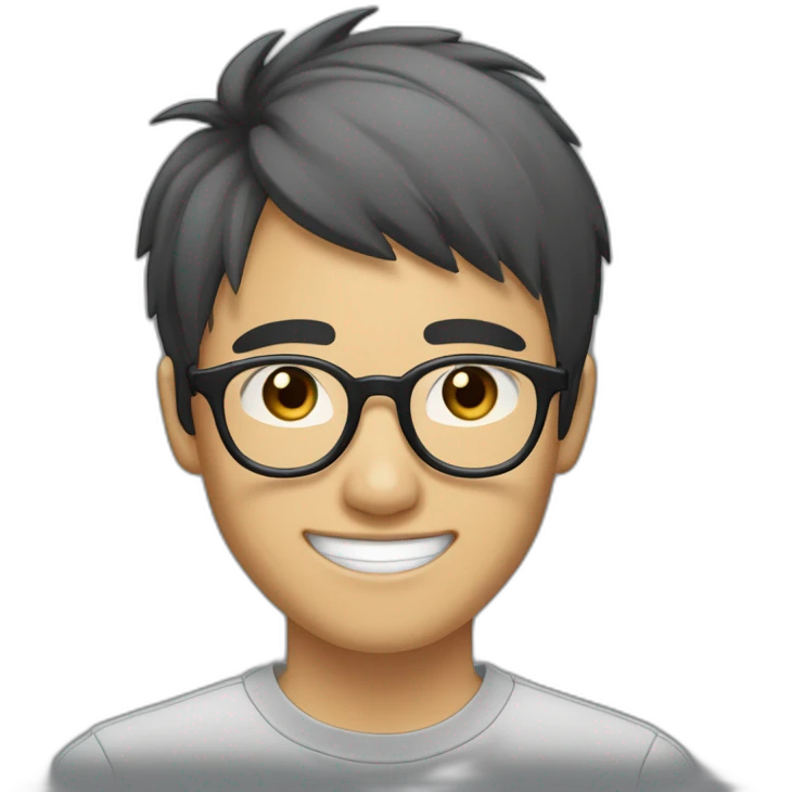 A 20-year-old Asian male wearing transparent gray-framed glasses, with fair skin, black choppy bangs nearing his eyebrows, large eyes, an oval-shaped face, smiling with teeth showing emoji