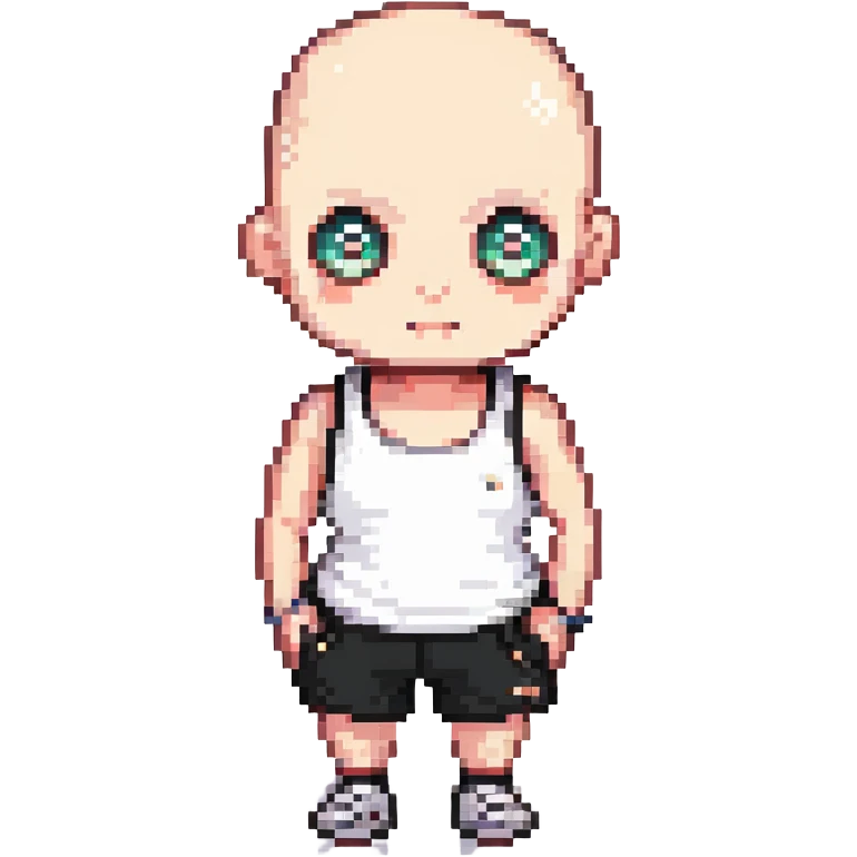 bald cartoon character with big eyes, white tank top, black shorts, neutral pose, simple and friendly look emoji