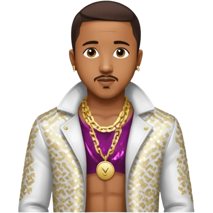 Marques Houston with dark brown hair, white sequin jacket, shirtless with necklace emoji