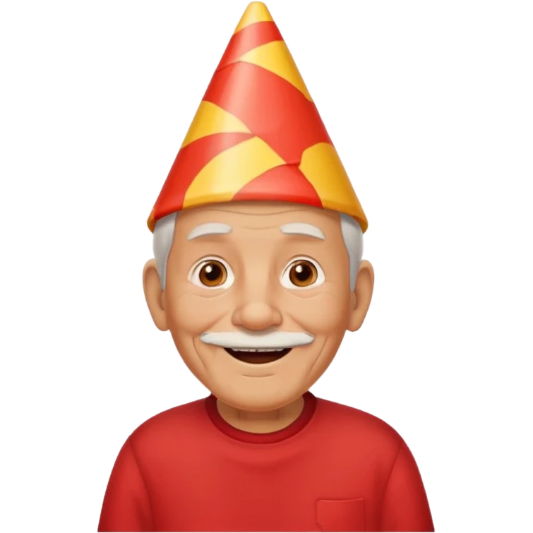 old man with warming smile, red shirt and birthday cone on his head emoji