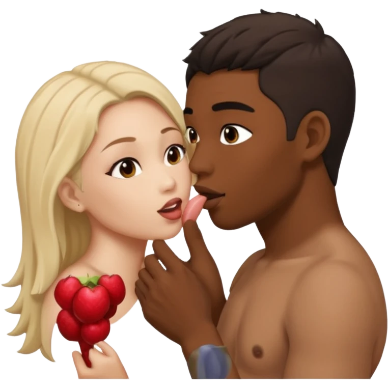 Nude light-skinned female giving fellatio to darker-skinned asian male emoji