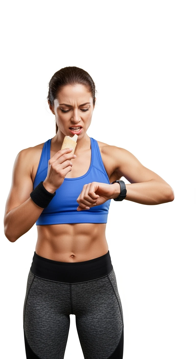 DONNA FITNESS ITALIANA CHE MANGIA DI FRETTA MENTRE GUARDA L'OROLOGIO , IPERREALISTICA 4K, SENZA SFONDO emoji