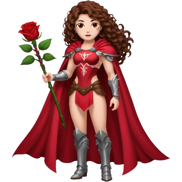 full body woman long curly brown hair brown eyes white skin tattoos muscular build rose thorn armor and petal cape emoji