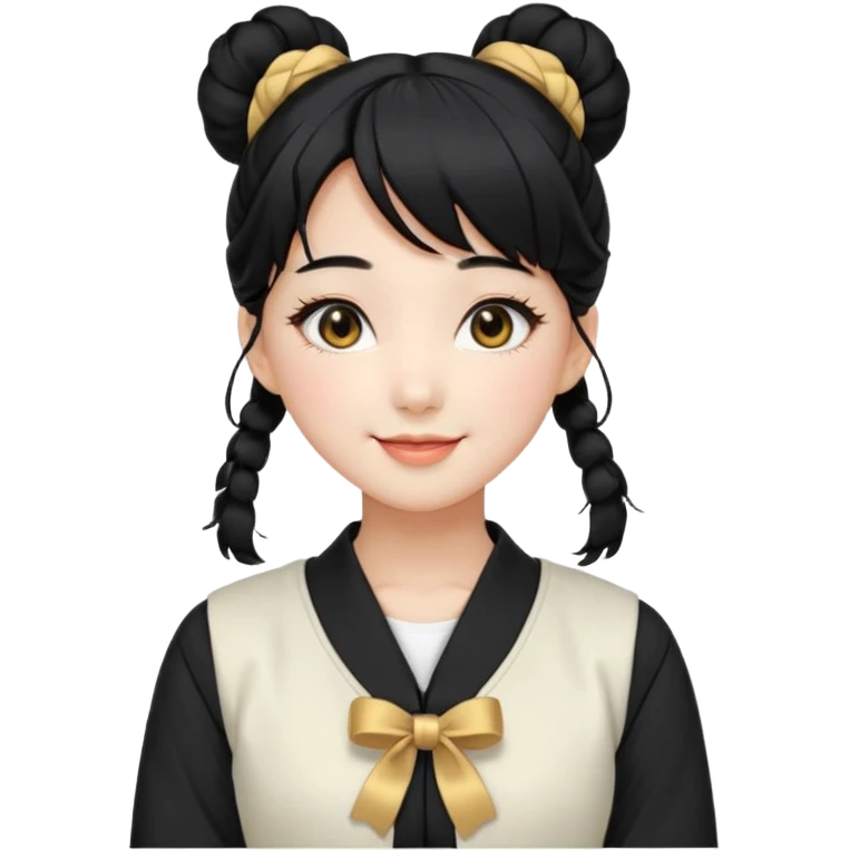 a beautiful girl face, wearing cute korean makeup, black hair, tied into two lowbuns with front bangs, black shirt, white jacket with golden shoulder pads, kpop idol emoji