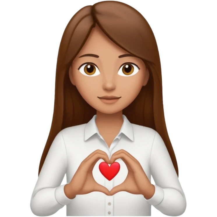 Mujer trigueña cabello largo lacio castaño haciendo un corazon con sus manos y tenga una camisa blanca emoji