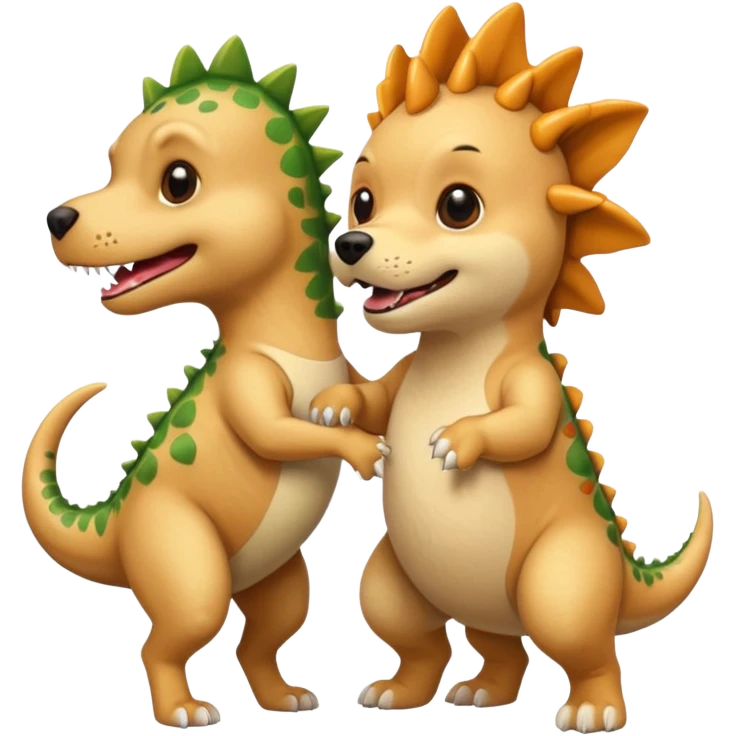 a golden retriever with a dinosaur costume thats killing a chihuahua thats in a dinosuar costume emoji
