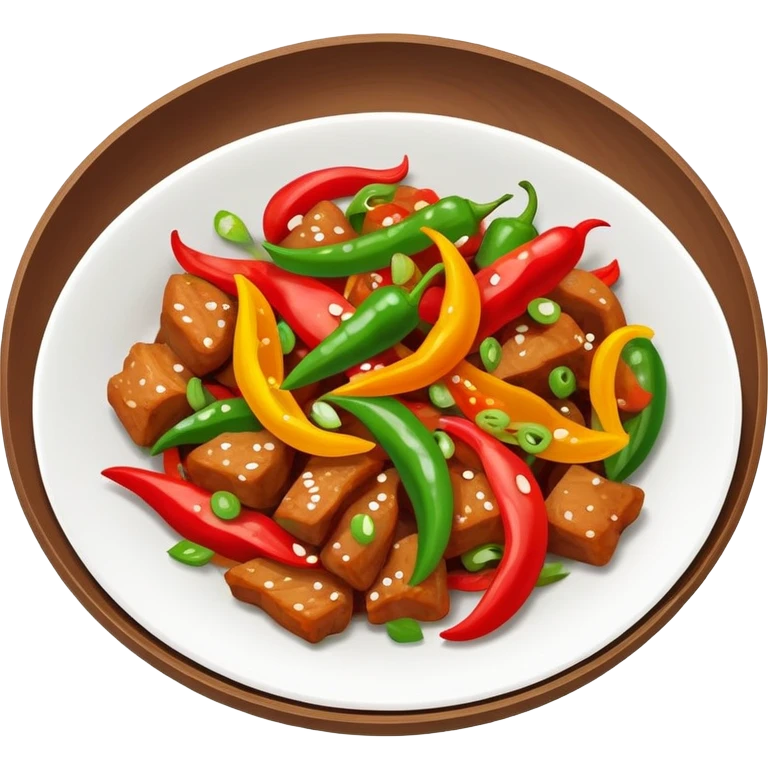 Hunan spicy stir-fried pork with colorful peppers, simplified emoji style with bold outlines and bright colors, cartoon style Chinese spicy dish emoji