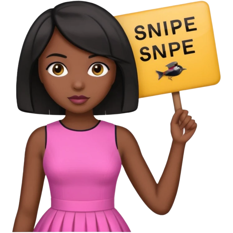 Dark skin woman with black bob in hair holding sign that says snipe  wearing pink dress  emoji