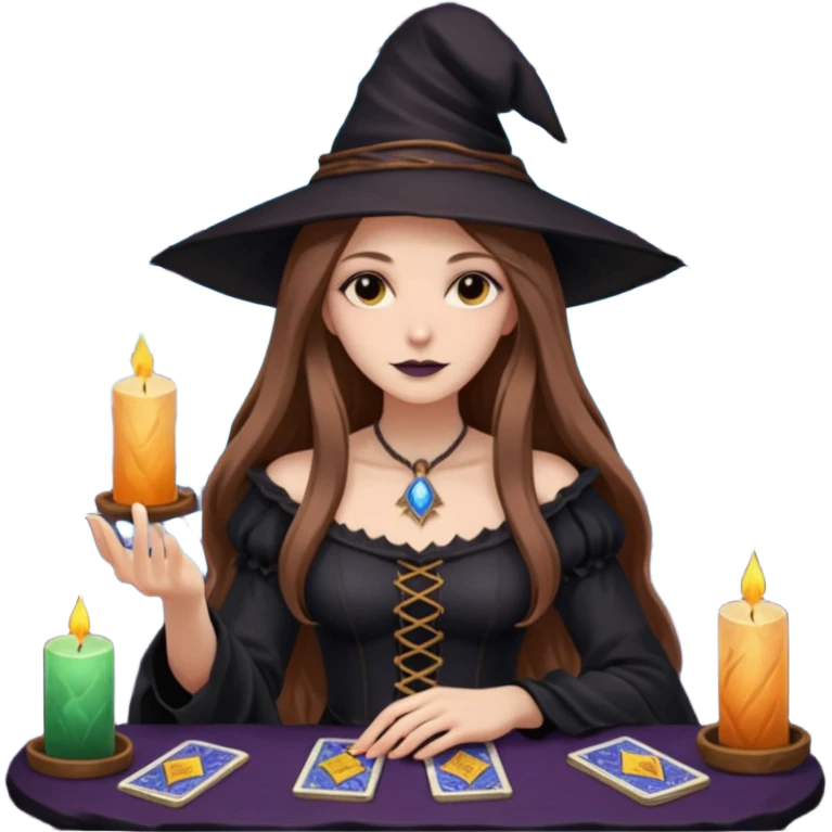 dark witch girl with long light brown hair and Tarot cards emoji