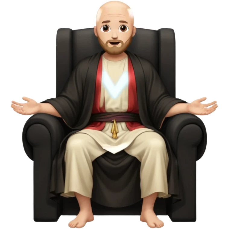 fullbody bald jesus christ jacked, sleeveless and unbuttoned in black robe sitting with elbows on armrests emoji