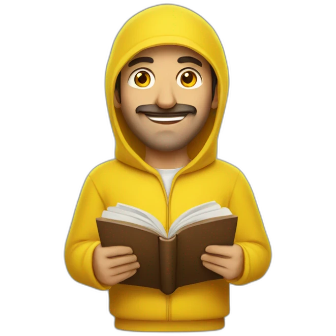 Armenian men with the yellow clothes reading book and looking at camera and smiling  emoji