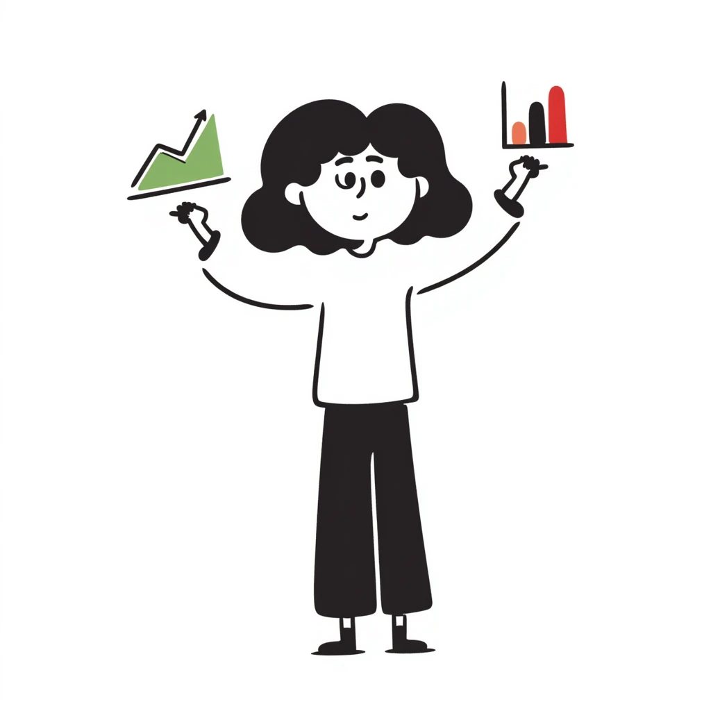 Girl holding chart with rising green graph line in right hand and holding another chart with falling red graph line in left hand emoji