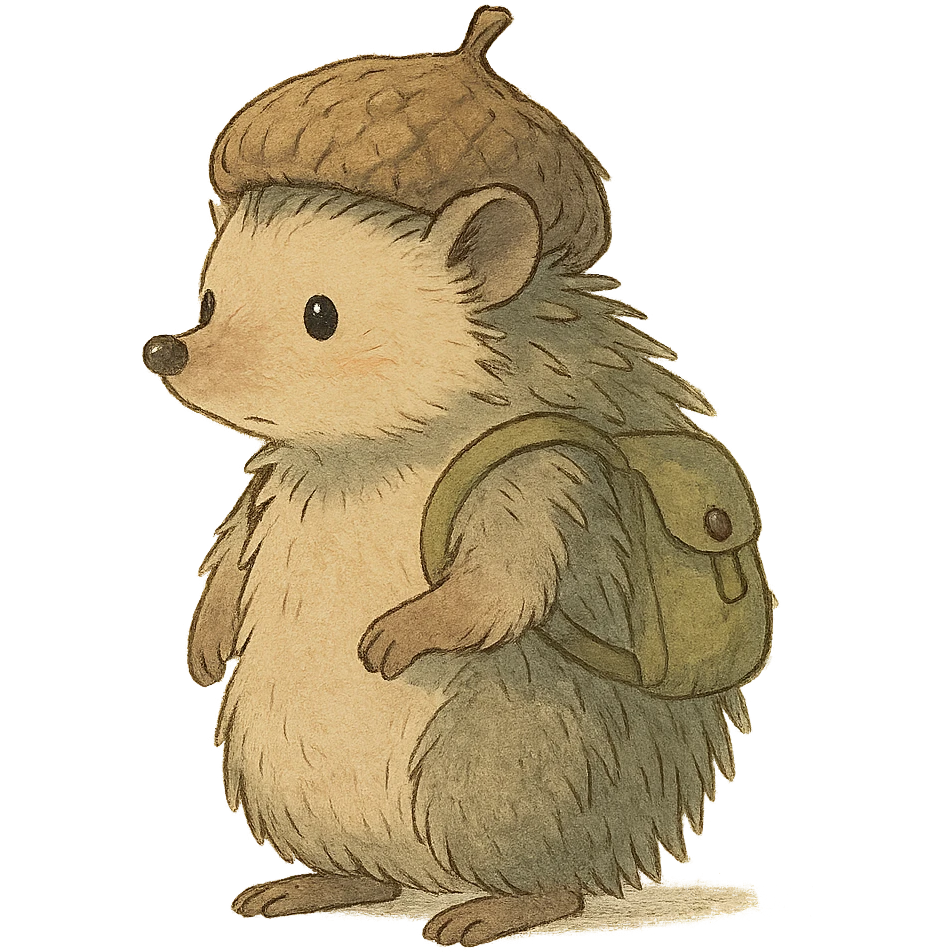hedgehog with a tiny backpack and acorn hat, muted browns and sage green, ghibli style emoji