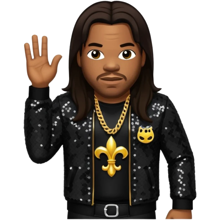 Busta Rhymes with long dark brown hair, black sequin outfit emoji