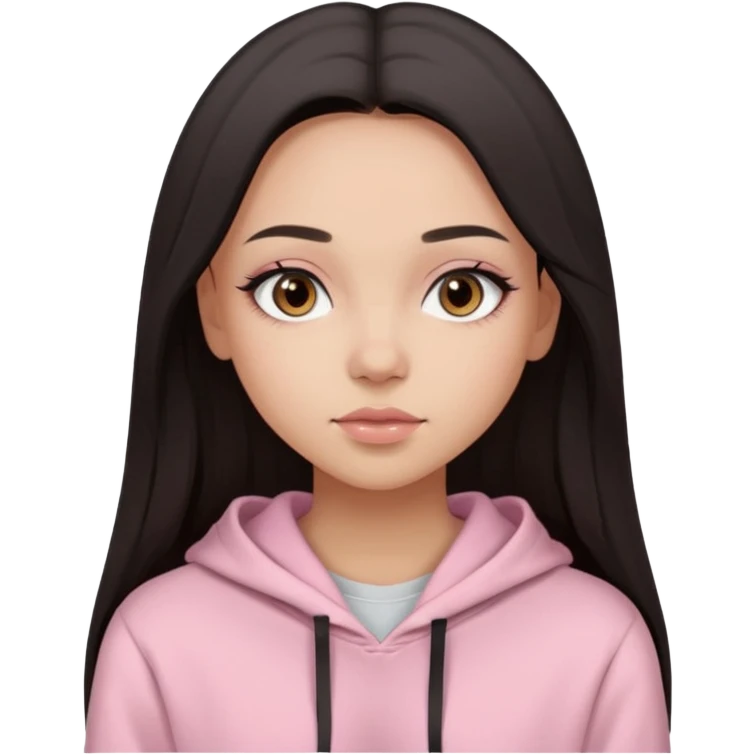 A pretty girl with light skin and long straight black brown hair, wearing a very light pink basic hoodie with brown eyes and makeup and a round face emoji