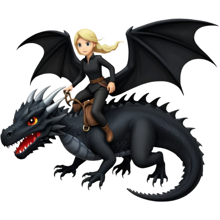 Extreme huge black dragon flying with a small female rider on top of it with black clothes emoji
