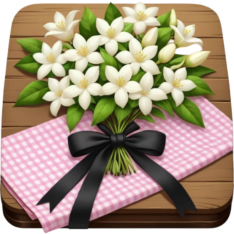A lush bouquet of white color Jasmin black satin ribbon, resting on an antique wooden table, with a pale yellow and pink plaid pattern table cloth emoji
