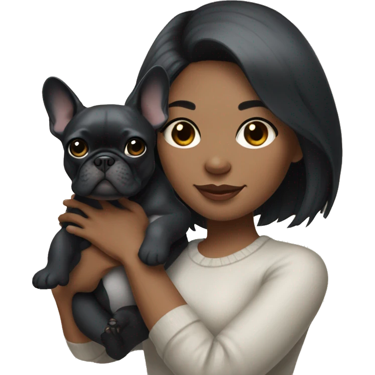 A girl with bear skin, black hair, medium length holding a gray French bulldog emoji