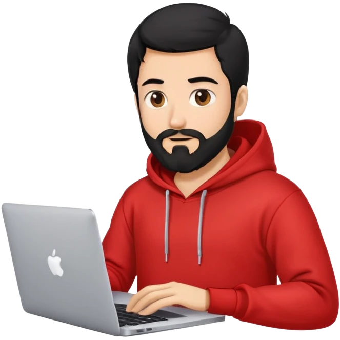 frontend developer doing coding, his hair is black with beard and red hoodie, macbook is there emoji
