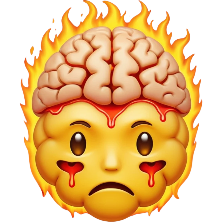 sad face yellow emoji with brain in the fire emoji